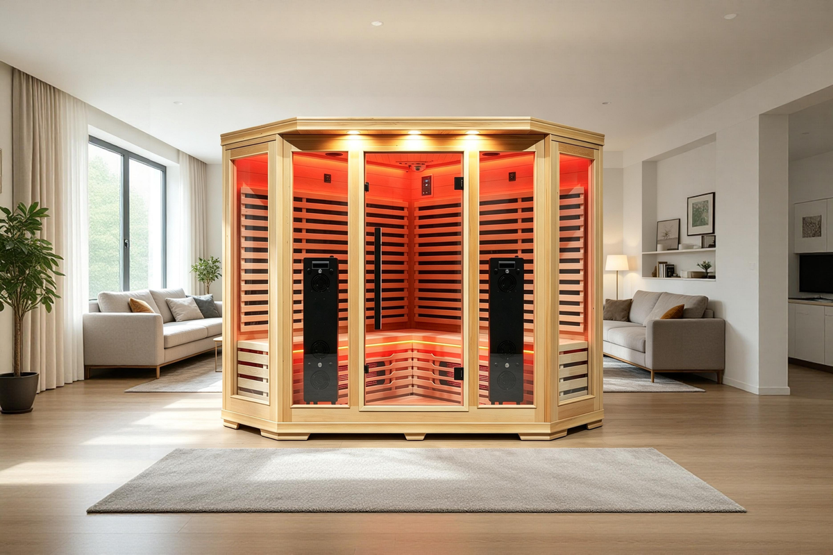 Blisspod I Vienna RED I All-In-One Deluxe - Full Spectrum + Red Light Therapy I Indoor Corner Premium Sauna I 4-5 Person